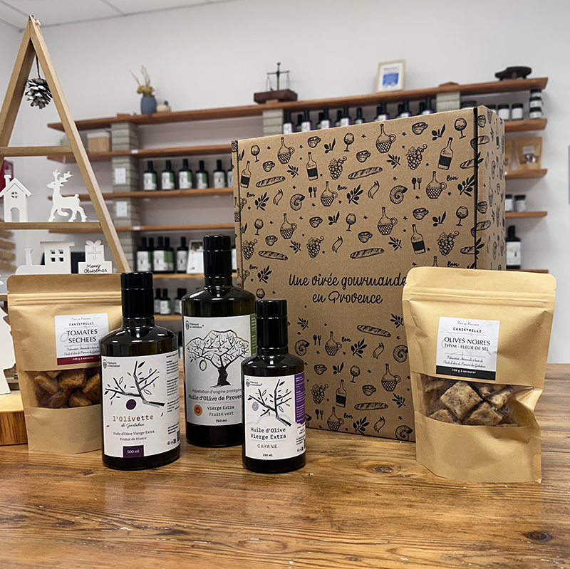 coffret-viree-gourmande Coffret gourmand avec 3 bouteilles d'huile et 2 sachets de canistrelli